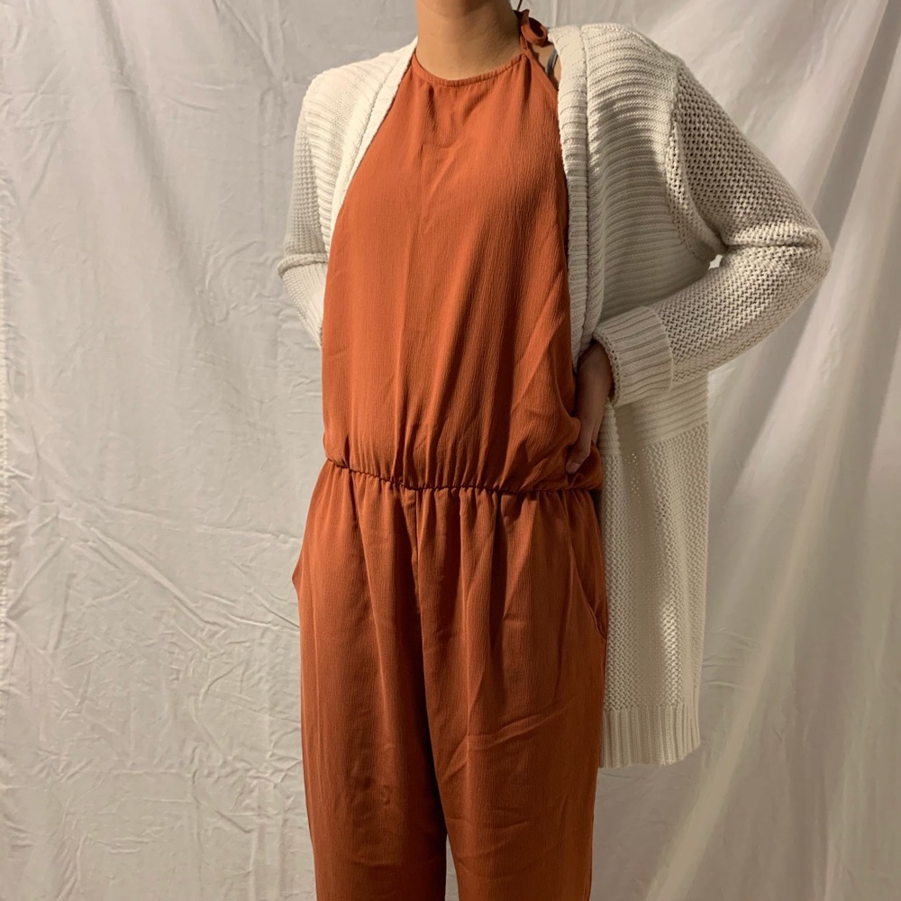 copper colored halter top jumpsuit
